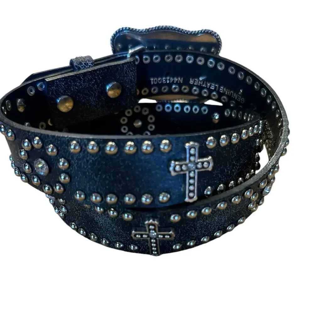 Nocona Boots Western Black & Silver Leather Belt  Silver Studs and Cross Trim 28